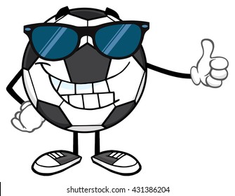 Smiling Soccer Ball Cartoon Mascot Character With Sunglasses Giving A Thumb Up. Vector Illustration Isolated On White Background