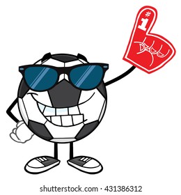 Smiling Soccer Ball Cartoon Mascot Character With Sunglasses Wearing A Foam Finger. Vector Illustration Isolated On White Background