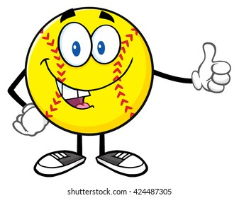 Smiling Softball Cartoon Mascot Character Giving A Thumb Up. Vector Illustration Isolated On White Background