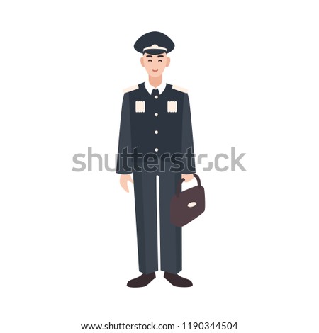 Smiling soldier, military or armed force servant wearing formal uniform, cap and holding briefcase. Male cartoon character isolated on white background. Colorful vector illustration in flat style.