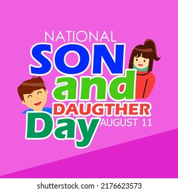 Smiling son and daughter with bold text on purple background, National Son and Daughter Day August 11