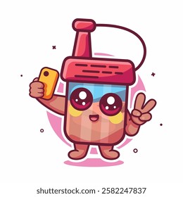 smiling soy sauce bottle character mascot taking a selfie with a smartphone isolated cartoon 