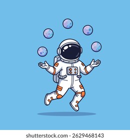 Smiling space cartoon man in astronaut gear sitting cross-legged on the moon holding a gadget with antenna.