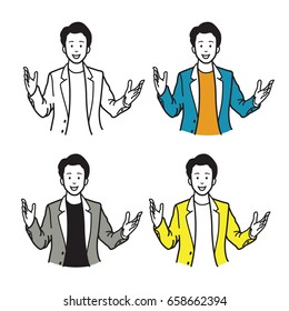 Smiling and speaking businessman, presenting with raising two hands and palms open gesture. Vector illustration character, sketch, draw, doodle, cartoon, and line style design.  