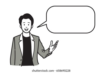 Smiling And Speaking Businessman, Presenting With Raising Hand And Palm Open Gesture, And Speech Bubble For Copy Space. Vector Illustration Character, Sketch, Line Hand Draw Style Design.  