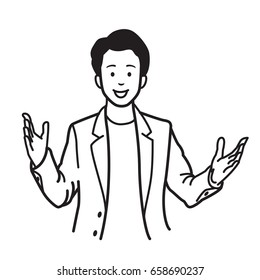 Smiling and speaking businessman, presenting with raising two hands and palms open gesture. Vector illustration character, black line, hand draw style design.  