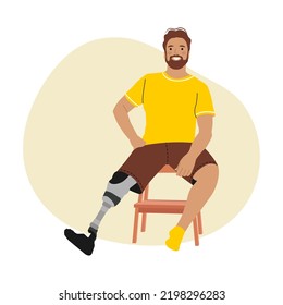 Smiling special male sitting on a chair. People Prosthesis, Amputation, Inclusion. Vector illustration.