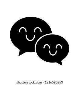 Smiling speech bubbles glyph icon. Happy chatting. Social media. Online communication. Emoji, emoticon. Silhouette symbol. Negative space. Vector isolated illustration