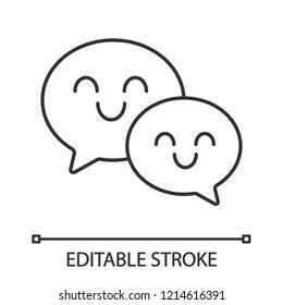 Smiling speech bubbles linear icon. Happy chatting. Thin line illustration. Social media. Online communication. Emoji, emoticon. Contour symbol. Vector isolated outline drawing. Editable stroke