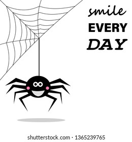 smiling spider hanging down on a cobweb.vector illustration with slogan smile everyday for t-shirt print