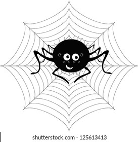 Smiling spider is sitting and looking to the left of the web