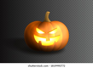 Smiling spooky pumpkin template. Design of pumpkin with bright smile for Halloween design isolated on checkered background. Vector illustration.