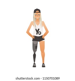 Smiling sportive blonde girl with leg prosthesis handicap and Yo tshirt print in cap. Body positive concept. Female athlete disabled character. Vector flat isolated illustration