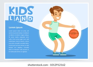 Smiling sportive boy playing basketball, kids land banner flat vector element for website or mobile app