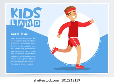 Smiling sportive boy running, kids land banner flat vector element for website or mobile app