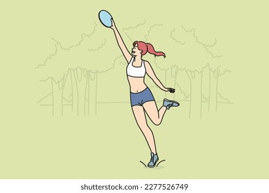 Smiling sportive girl play with frisbee in park. Happy active woman enjoy game playing in summer in forest. Sport and relaxation. Vector illustration. 