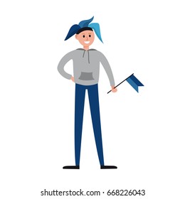 Smiling sports fan in blue hat supporting his team with a blue flag cartoon character vector Illustration