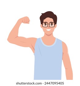 Smiling sportsman flex biceps and looking pleased at his strong muscle arm. Flat vector illustration isolated on white background