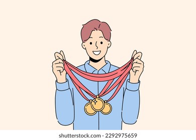 Smiling sportsman with numerous golden medals on neck. Happy man athlete with gold prize. Sport and achievement. Vector illustration. 