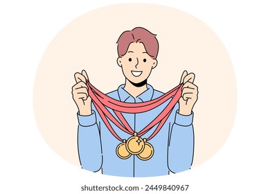 Smiling sportsman with numerous golden medals on neck. Happy man athlete with gold prize. Sport and achievement. Vector illustration.