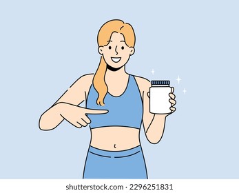 Smiling sportswoman in sportswear show at protein bottle in hands. Happy woman athlete recommend sport nutrition supplement for training or workout. Vector illustration. 