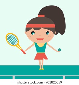 Smiling sportswoman Young tennis player holding racket and ball. Cheerful woman playing tennis. Vector flat design illustration. Horizontal layout