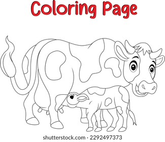 Vaca sonriente vista y su pequeña ternera bebiendo leche, páginas de libros de Colores animales
