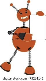 Smiling springy robot holding blank sign