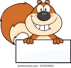 Smiling Squirrel Cartoon Mascot Character Over Blank Sign. Vector Illustration Isolated on white