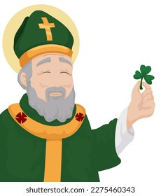 Smiling St. Patrick with halo, green tunic and mitre, teaching with a shamrock.