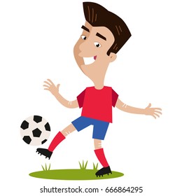 Smiling and standing asian cartoon footballer wearing red shirt and blue shorts kicking ball isolated on white background.