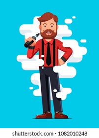 Hombre hipster parado y parado sonriente sosteniendo el velo o vaporizador y vaporizando con nubes de vapor alrededor. Pista de edad media. Alternativa para fumar en vaping.Concepto Vape. Ilustración aislada vectorial plana