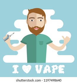 Smiling standing bearded hipster man vaping with steam cloud around. Flat vector isolated illustration.