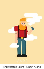 Smiling Standing Bearded Hipster Man Holding Vape Or Vaporizer And Vaping With Steam Cloud Around