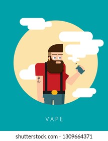 Smiling Standing Bearded Hipster Man Holding Vape Or Vaporizer And Vaping With Steam Cloud Around