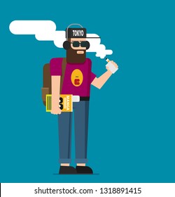 Smiling Standing Bearded Hipster Man Holding Vape Or Vaporizer And Vaping With Steam Cloud Around