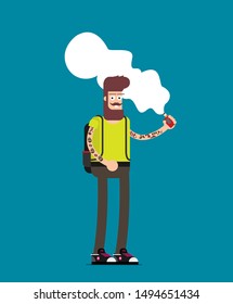 Smiling Standing Bearded Hipster Man Holding Vape Or Vaporizer And Vaping With Steam Cloud Around