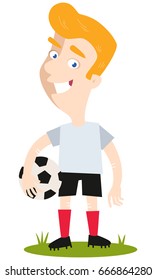 Smiling and standing blond caucasian cartoon footballer wearing white shirt and black shorts holding football isolated on white background.
