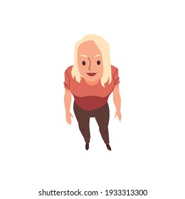 Smiling standing girl looking up above. Top view on young blonde woman. Flat cartoon vector illustration isolated on white background.