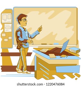 Smiling standing teacher pointing at the blank blackboard explaining idea. Vector illustration with space for text.