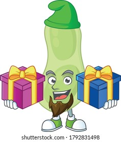 A smiling staphylococcus pneumoniae cartoon design having Christmas gifts. Vector illustration