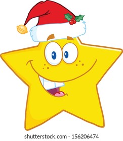 Smiling Star Cartoon Mascot Character With Santa Hat