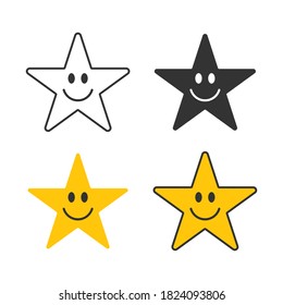 Smiling star face vector icon symbol. Yellow smile button sign. Simple flat shape happy emotion logo. Isolated on white background.