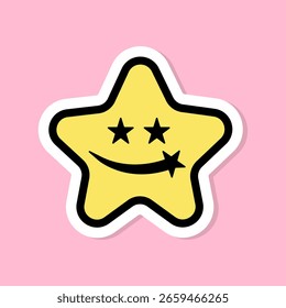 Estrella sonriente sobre fondo rosa. Para la etiqueta engomada, etiqueta, tarjeta, Anuncio, Fondo de pantalla, camiseta. Ilustración vectorial