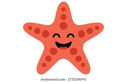 Der lächelnde Seestern hat ein fröhliches Gesicht und eine orangefarbene Farbe mit dunkleren Flecken auf dem Körper und den Armen auf einfarbigem weißem Hintergrund, was einen niedlichen und freundlichen Cartoon-Charakter schafft.