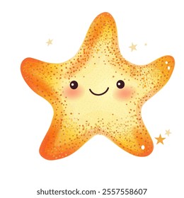 Smiling Starfish Illustration in Cartoon Style. Cute Yellow Starfish with Blush and Sparkles