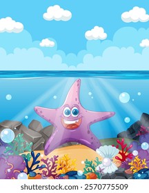 Smiling starfish surrounded by colorful underwater life