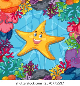 Smiling starfish surrounded by colorful underwater corals