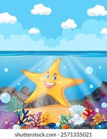 Smiling starfish surrounded by colorful underwater life