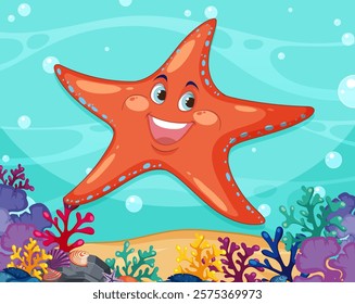 Smiling starfish surrounded by colorful underwater corals